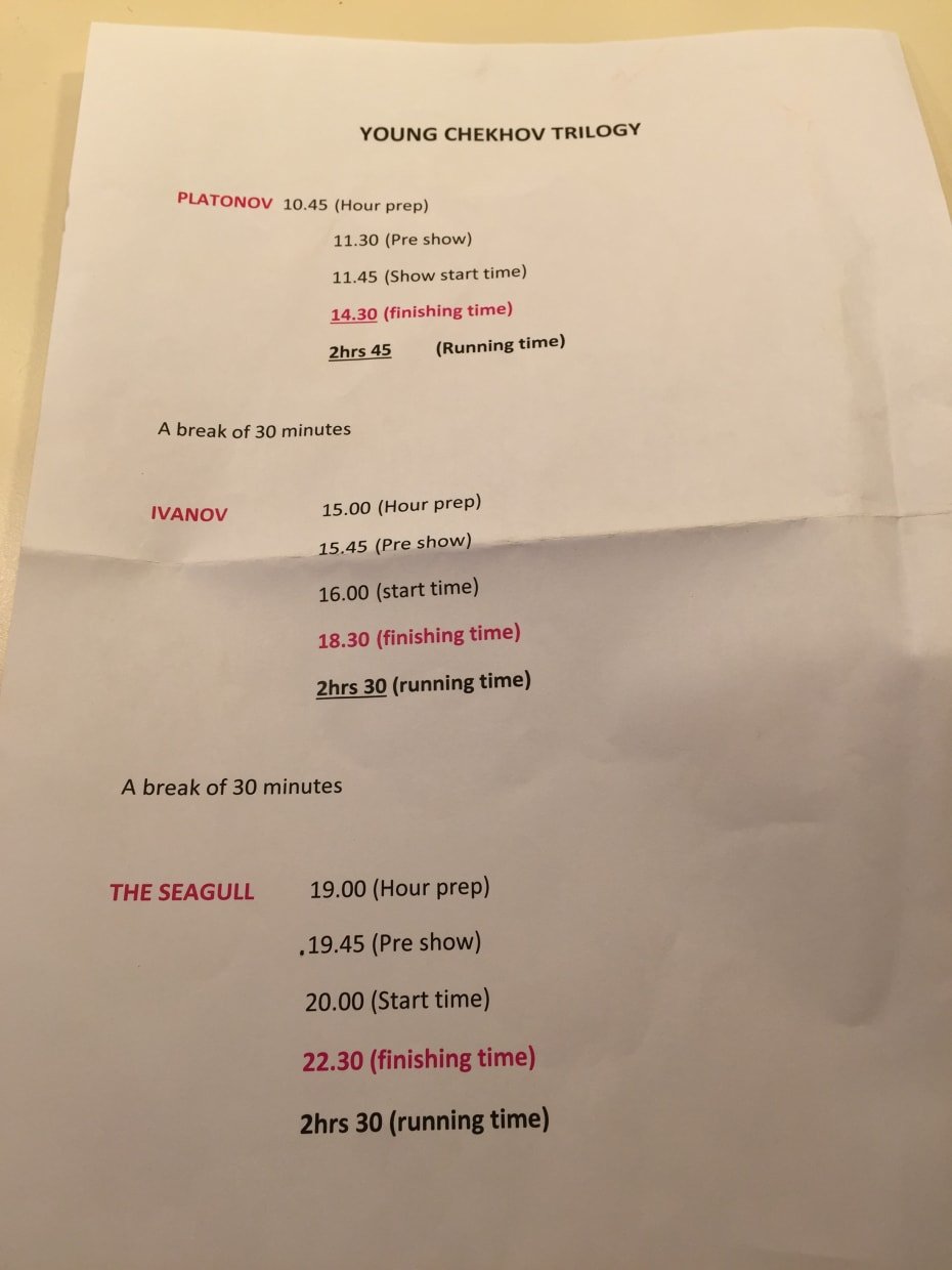 Start of the three show trilogy day, trying to think of each play one at a time. Pre show is when some actors start on stage as the audience enter.