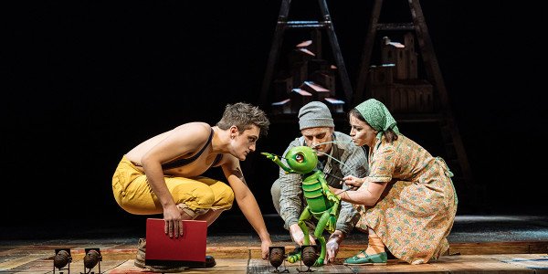 Joe Idris-Roberts, James Charlton and Audrey Brisson in Pinocchio at the National Theatre (Photo: Manuel Harlan)
