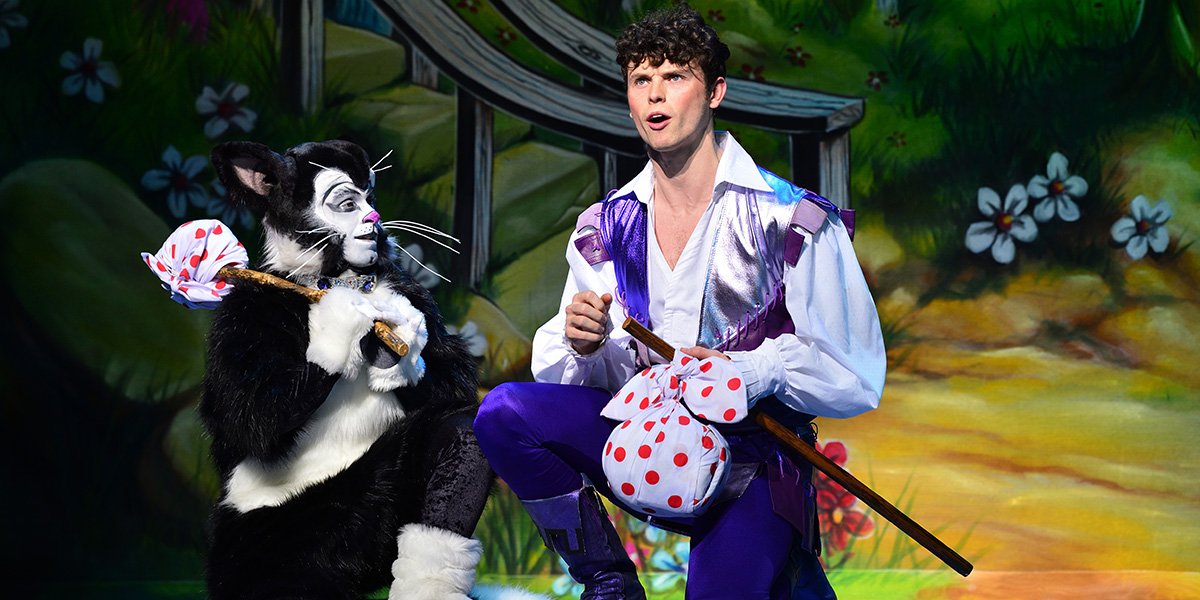 Lukus Alexander (Eileen The Cat) and Charlie Stemp (Dick Whittington) in Dick Whittington at London Palladium (Photo: Paul Coltas)