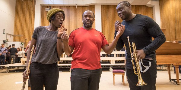 Sarah Amankwah, Lucian Msamati and Ekow Quartey in rehearsal for Amadeus at the National Theatre (Photo: Marc Brenner)