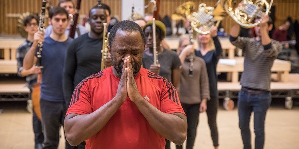 Lucian Msamati (Antonio Salieri) in rehearsal for Amadeus at the National Theatre (Photo: Marc Brenner)