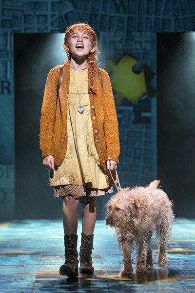 Ruby Stokes (Annie) and Amber (Sandy) in Annie at Piccadilly Theatre (Photo: Paul Coltas)