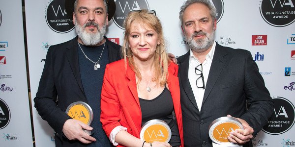 Jez Butterworth, Sonia Friedman and Sam Mendes at the WhatsOnStage Awards (Photo: Dan Wooller)