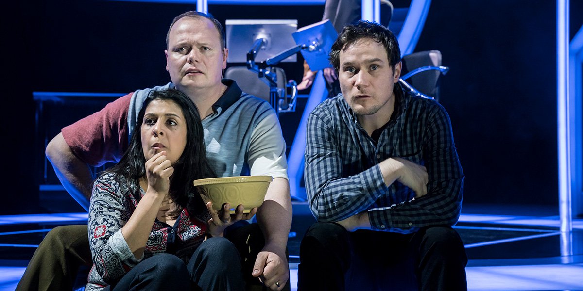Stephanie Street, Gavin Spokes and Henry Pettigrew in Quiz (Photo: Johan Persson)