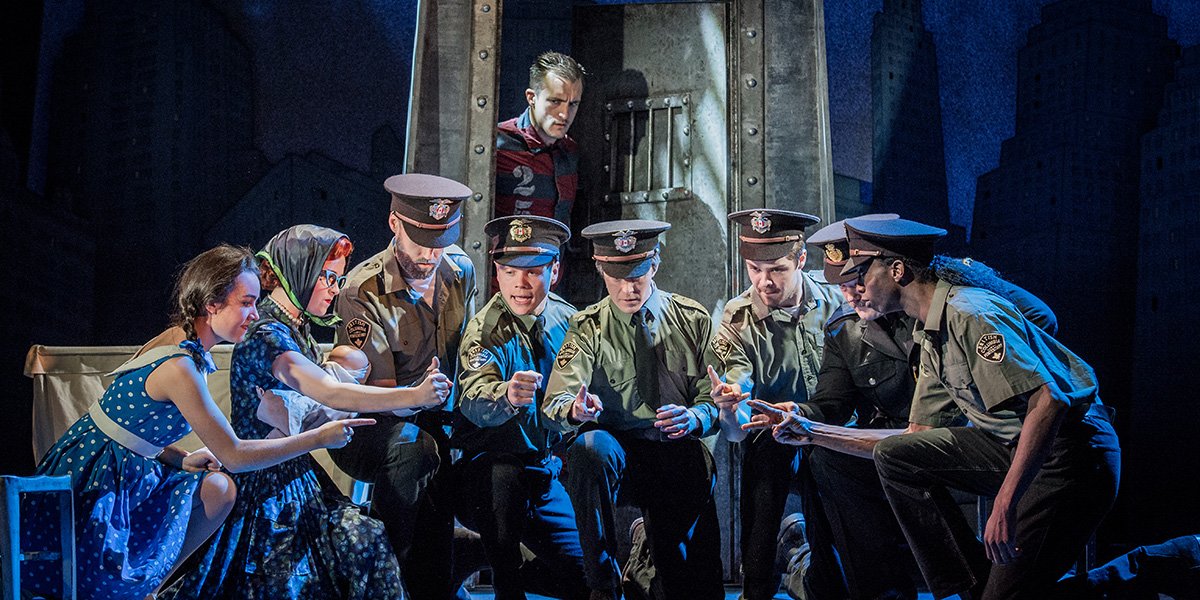 The cast of The Comedy About A Bank Robbery (Photo: Robert Workman)