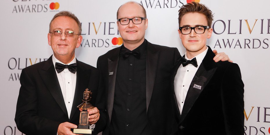 Nick Thomas, Michael Harrison and Tom Fletcher backstage at the 2018 Olivier Awards