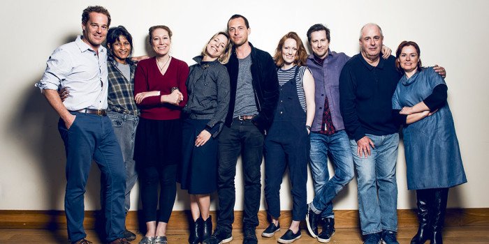 Adam James, Thusitha Jayasundera, Nina Raine, Claudie Blakley, Stephen Campbell Moore, Clare Foster, Lee Ingleby, Roger Michell and Heather Craney in Consent (Photo: Matt Crockett)