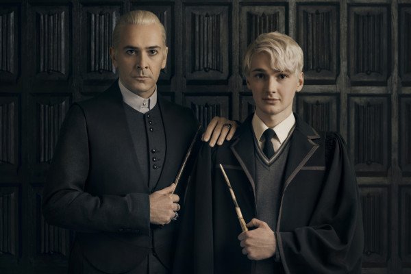 Harry Potter And The Cursed Child. The Malfoys: James Howard as Draco Malfoy and Jonathan Case as Scorpius Malfoy. Photo by Charlie Gray