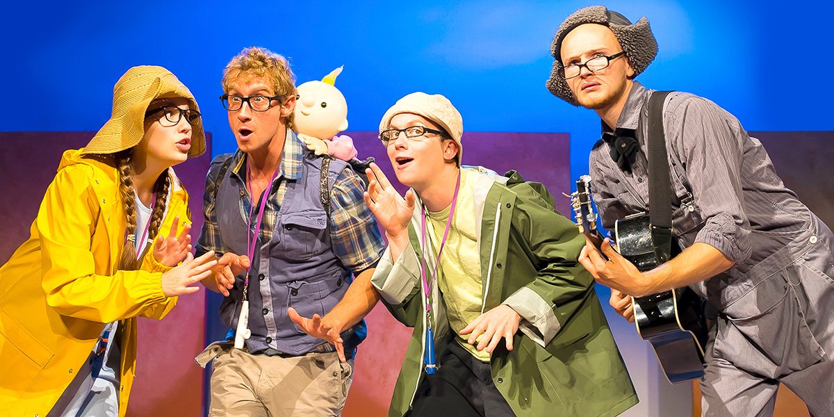 Rebecca Newman (Girl), Thos Wainwright (Dad), Joey Hickman (Boy), Ben Hills (Dog & Musician) in We're Going On A Bear Hunt (Photo: Lesley Cook)