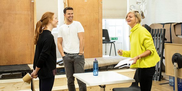 Rosalie Craig, Richard Fleeshman and Marianne Elliott (director) in Company rehearsals (Photo: Helen Maybanks)