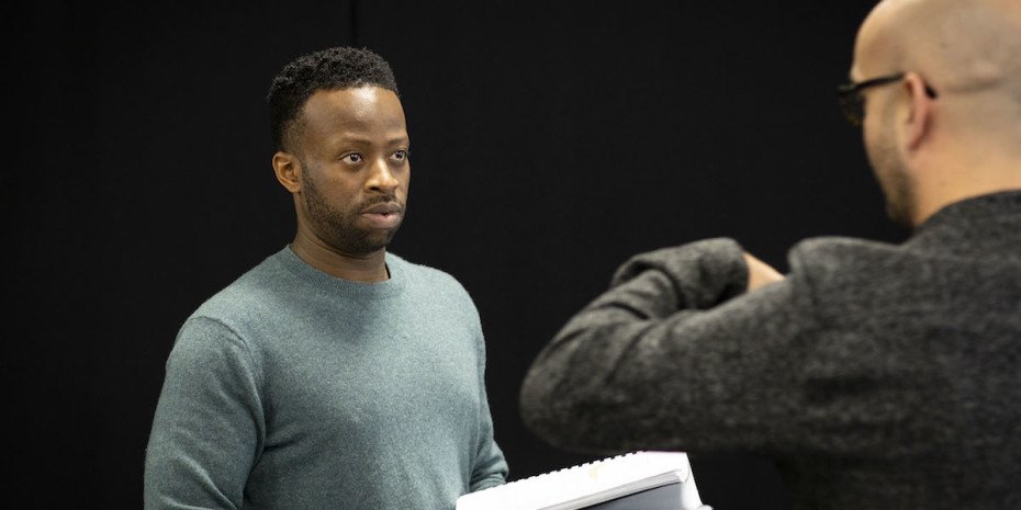 Clifford Samuel as Teddy in rehearsals for A Guide For The Homesick. Photo by Helen Maybanks