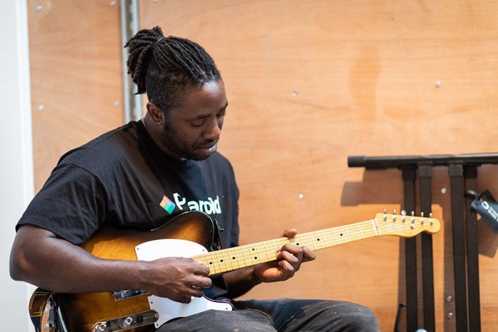 Kele Okereke (songs and music) in rehearsals for Leave to Remain at the Lyric Hammersmith. Photo by Helen Maybanks