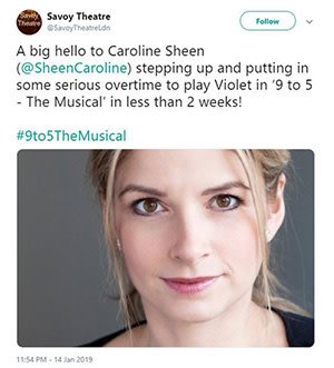 Caroline Sheen Twitter announcement for 9-5 The Musical