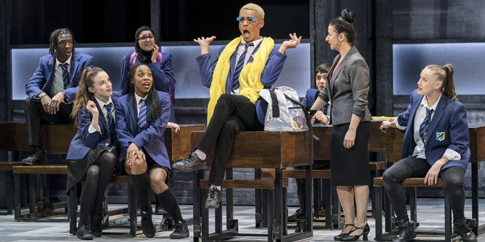 Layton Williams (Jamie), Hayley Tamaddon (Miss Hedge) and the Ensemble in Everybody's Talking About Jamie at the Apollo Theatre. Photo credit Johan Perrson