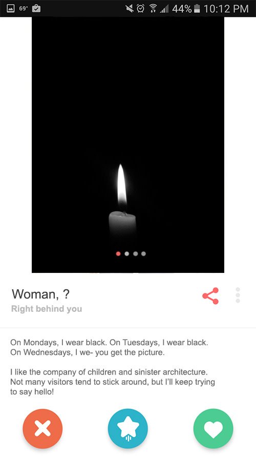 The Woman In Black's Tinder profile