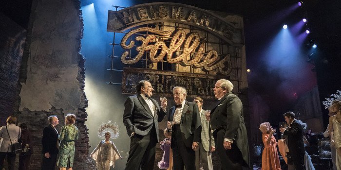 . FOLLIES 2019 Peter Forbes (Buddy), Billy Boyle (Theodore) and Bruce Graham (Roscoe) National Theatre (c) Johan Persson