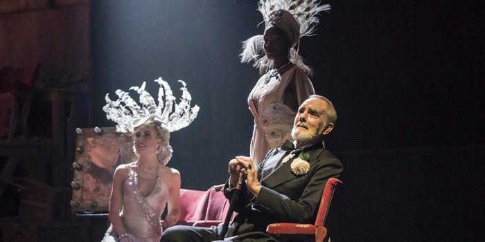 FOLLIES 2019 Aimee Hodnett (Young Sandra), Vanessa Fisher (Young Stella), Gary Raymond (Dimiti Weisman) National Theatre (c) Johan Persson