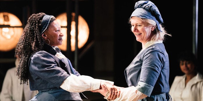 Clare Perkins (Emilia 3) and Jackie Clune (Lord Thomas, Eve, Lady Helena) in Emilia at the Vaudeville Theatre. Photo credit Helen Murray.