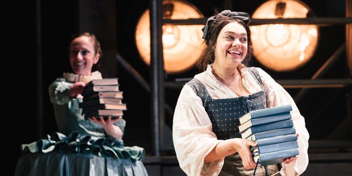 Nadia Albina (Lady Katherine Howard) and Sarah Seggari (Lady Cordelia) in Emilia at the Vaudeville Theatre. Photo credit Helen Murray.