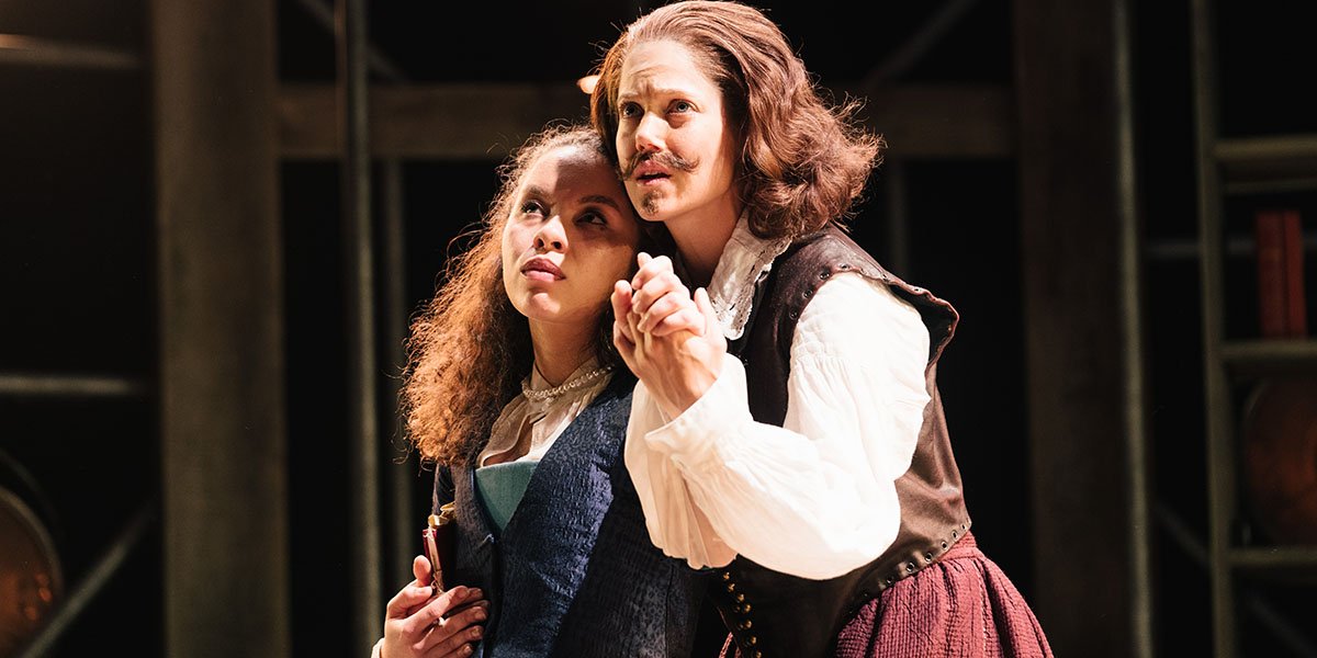 Saffron Coomber (Emilia 1) and Charity Wakefield (William Shakespere) in Emilia at the Vaudeville Theatre. Photo credit Helen Murray.