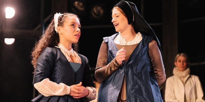 Saffron Coomber (Emilia 1) and Samantha Sutherland (Ensemble) in Emilia at the Vaudeville Theatre. Photo credit Helen Murray.