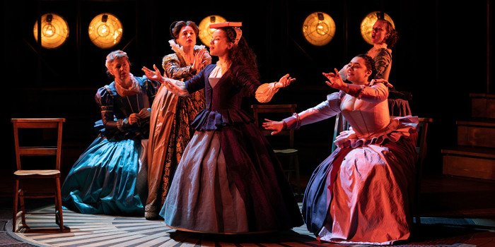 Saffron Coomber (Emilia 1) and the cast of Emilia at the Vaudeville Theatre. Photo credit Helen Murray.