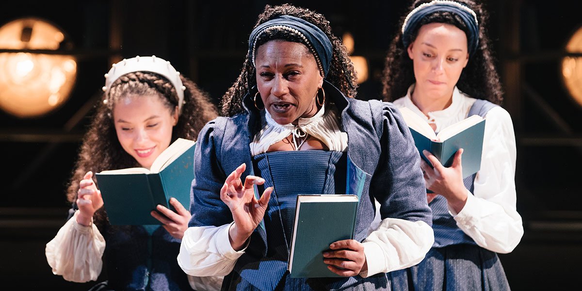 Saffron Coomber (Emilia 1), Adelle Leonce (Emilia 2) and Clare Perkins (Emilia 3) in Emilia at the Vaudeville Theatre. Photo credit Helen Murray.