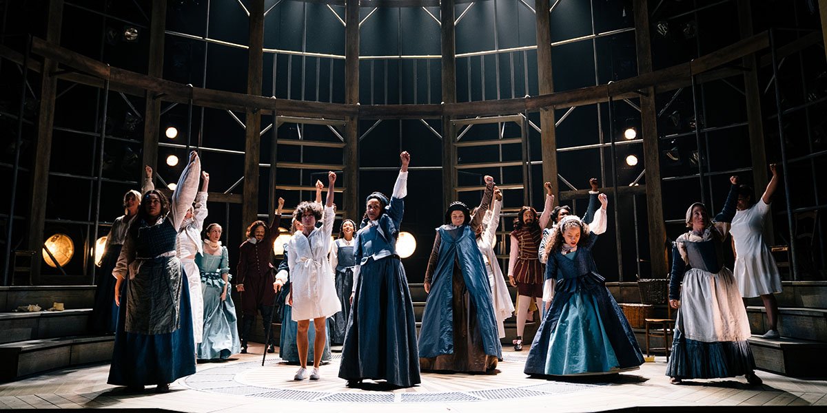 The cast of Emilia at the Vaudeville Theatre. Photo credit Helen Murray.