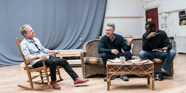 Gunner Cauthery, Bill Pullman and Sule Rimi in rehearsal for All My Sons at The Old Vic (Photo: Johan Persson)