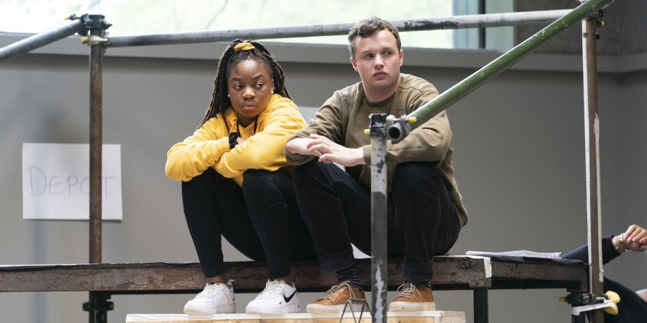 Miriam Nyarko (Rebecca Gibbs) and Arthur Hughes (George Gibbs) in rehearsals for Our Town at RPOAT. Photo Johan Persson.