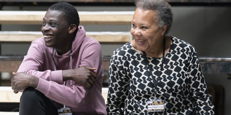 Terique Jarrett (Joe, Si Crowell) and Cleo Sylvestre (Professor Willard) in rehearsals for Our Town at RPOAT. Photo Johan Persson.