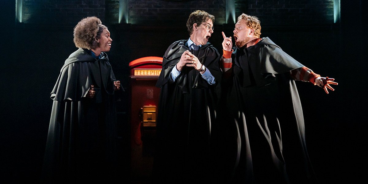 Michelle Gayle (Hermione Granger), Jamie Ballard (Harry Potter) and Thomas Aldridge (Ron Weasley) in the West End Production of Harry Potter And The Cursed Child (Photo: Manuel Harlan)