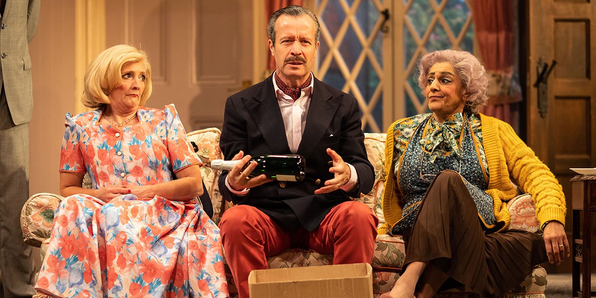 Debra Gillett (Belinda Blair), Jonathan Cullen (Frederick Fellowes) and Meera Syal (Dotty Otley) in Noises Off. Photo Credit: Helen