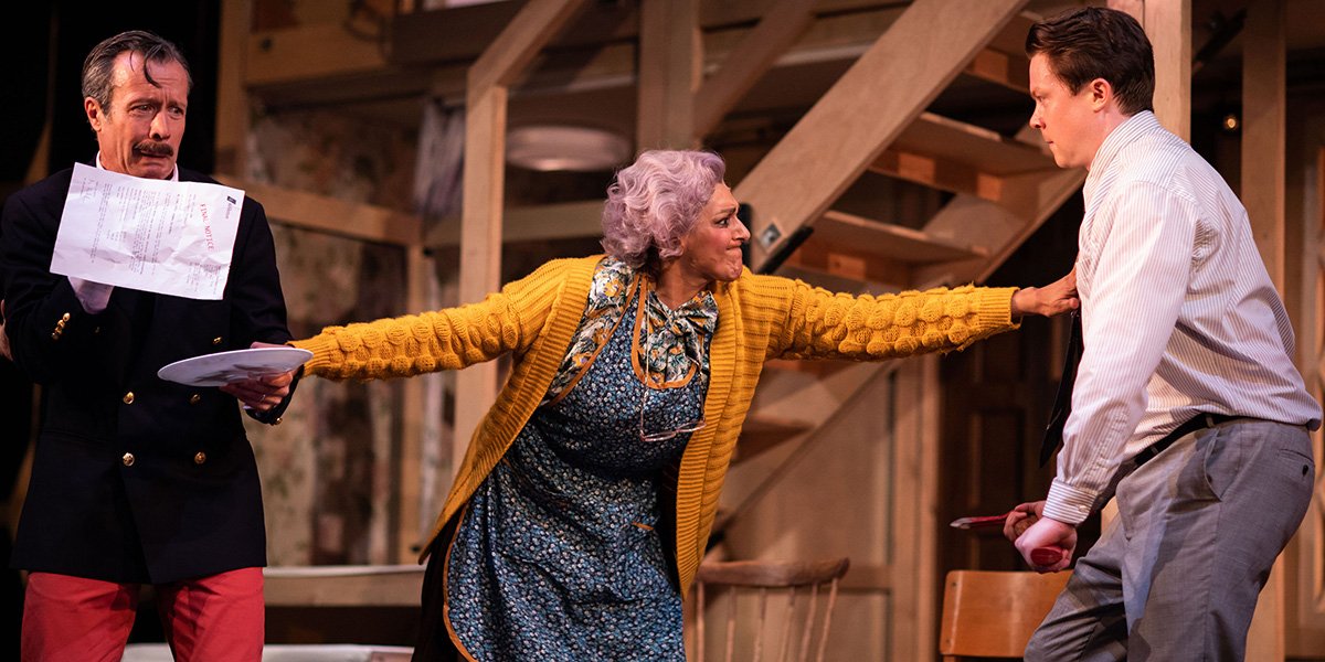 Jonathan Cullen (Frederick Fellowes), Meera Syal (Dotty Otley), Daniel Rigby (Garry Lejeune) in Noises Off.