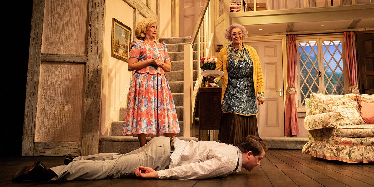 Debra Gillet (Belinda Blair), Meera Syal (Dotty Otley) and Daniel Rigby (Garry Lejeune) in Noises Off. Photo Credit Helen Maybanks.