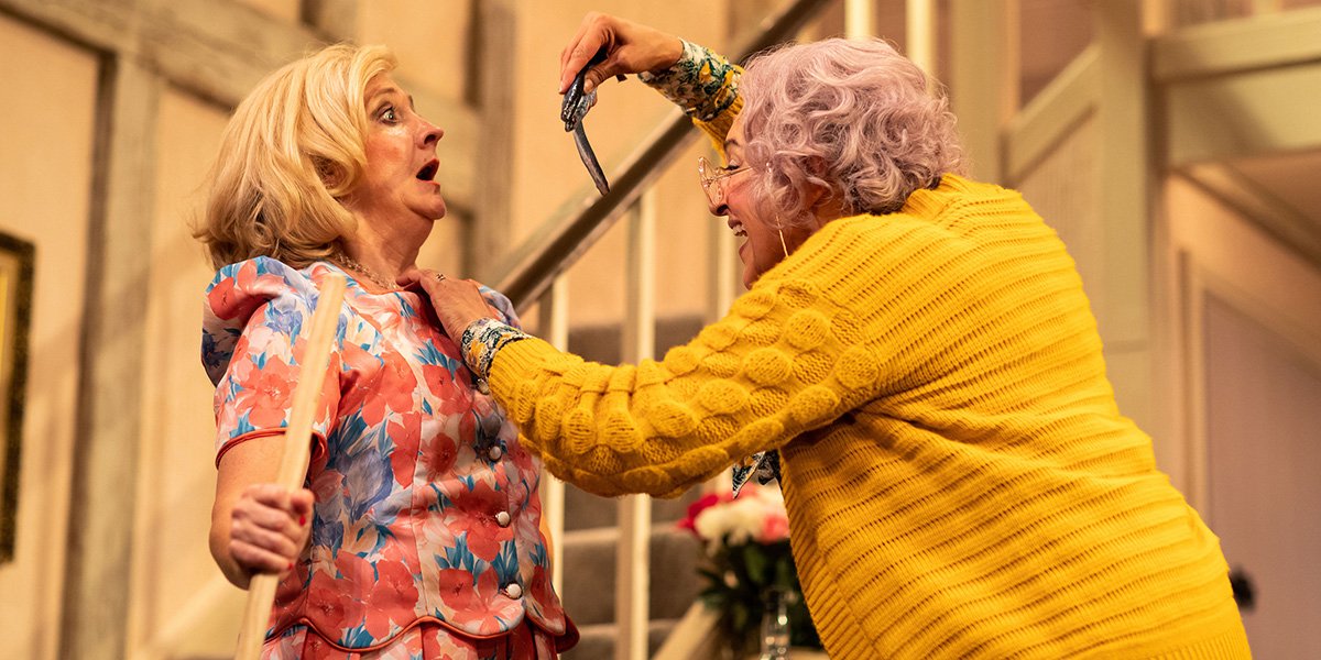 Debra Gillett (Belinda Blair) and Meera Syal (Dotty Otley) in Noises Off. Photo Credit Helen Maybanks.