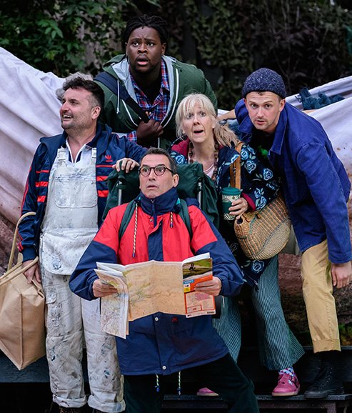Lee Mengo, Tomi Ogbaro, Gareth Snook, Liz Crowther and Joshua Miles as Snout, Snug, Quince, Starveling and Flute. Photo Jane Hobson