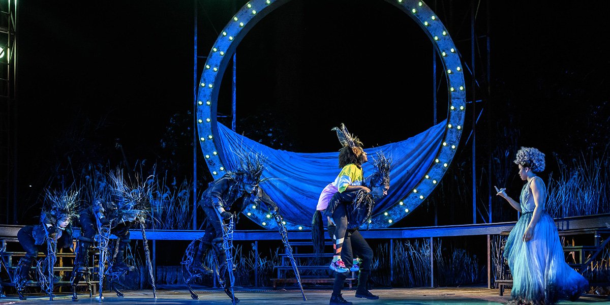 Susan Wokoma and Amber James as Bottom and Titania and Company in A Midsummer Night's Dream at the Open Air Theatre. Photo Jane Hobson