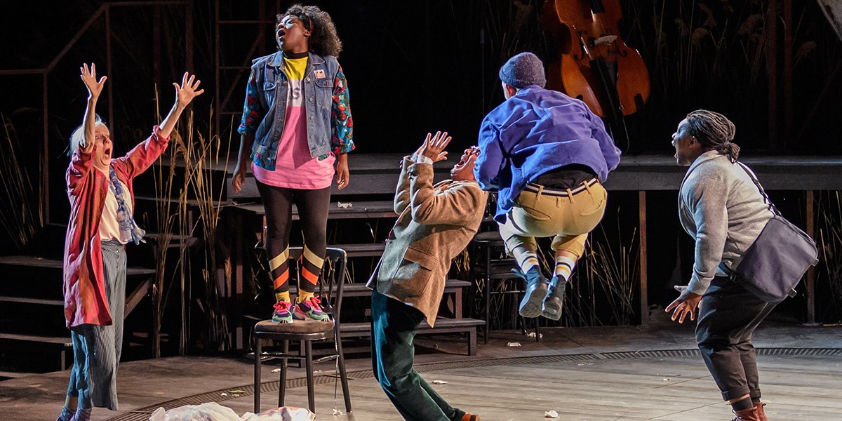 Liz Crowther, Susan Wokoma, Gareth Snook, Joshua Miles and Tomi Ogbaro as Starveling, Bottom, Quince, Flute and Snug. Photo Jane Hobson