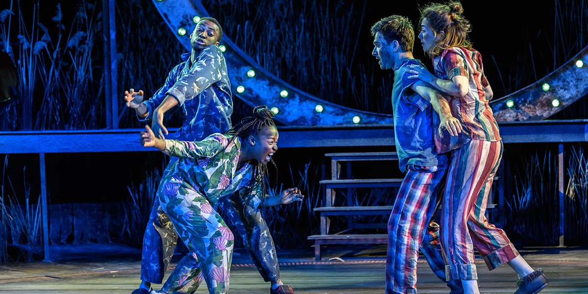 Michael Elcock, Gabrielle Brooks, Pierro Niel-Mee and Remy Beasley as Lysander, Hermia, Demetrius and Helena. Photo Jane Hobson