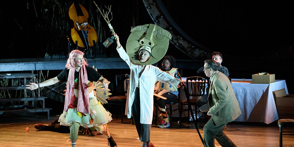 Joshua Miles, Liz Crowther, Susan Wokoma, Gareth Snook and Lee Mengo as Flute, Starveling, Bottom, Quince and Snout. Photo Jane Hobson