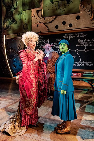 Kim Ismay Morrible Simeon Truby Dillamond and Nikki Bentley Elphaba Photo By Matt Crockett 7504 RT ajmwvg