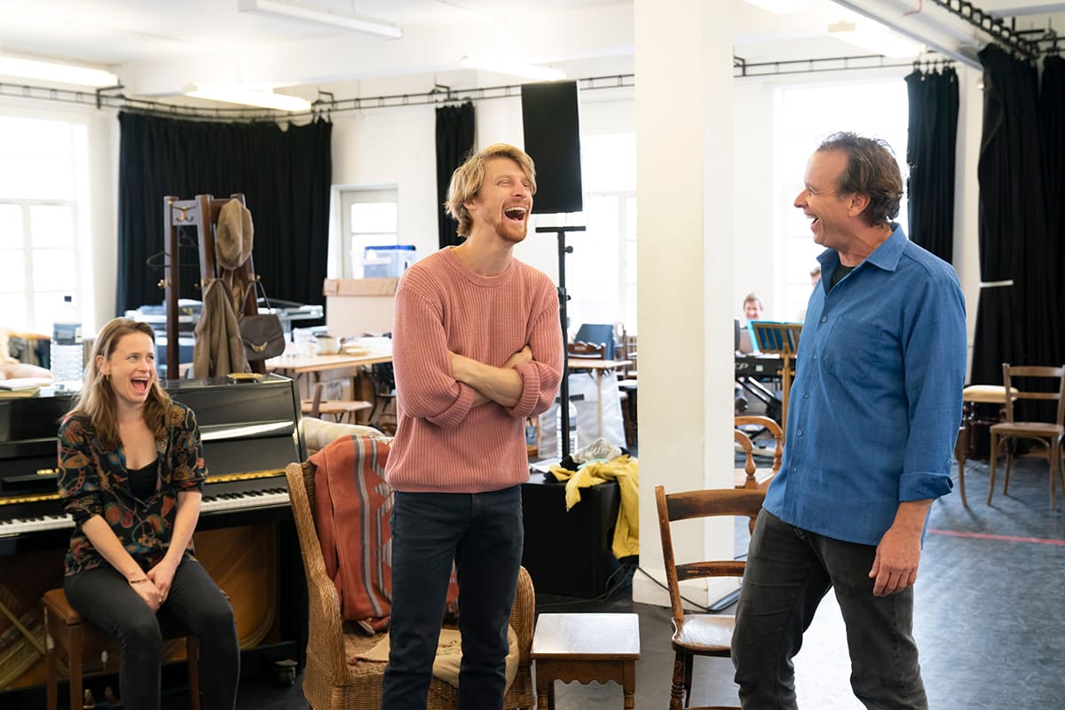 (l-r) Katie Brayben (Elizabeth Laine), Colin Bates (Gene Laine) and Donald Sage Mackay (Nick Laine) in rehearsals for The Girl From the North Country. Photo by Johan Persson