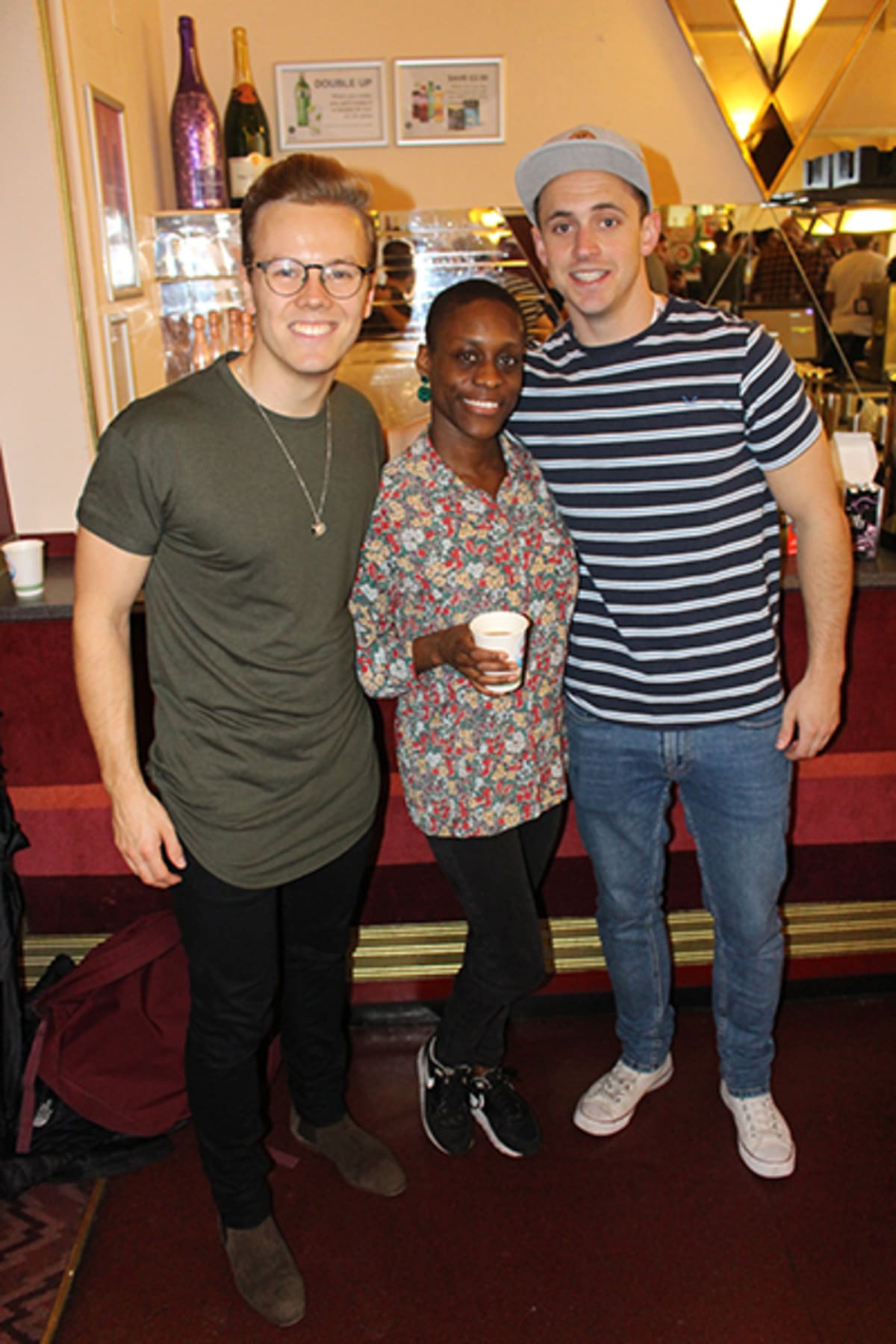 Sam Roland, Etisyai Philip and Stephen Rolley at Waitress Adelphi Theatre for Mamillan Cancer Care World's Biggest Coffee Morning fundraiser