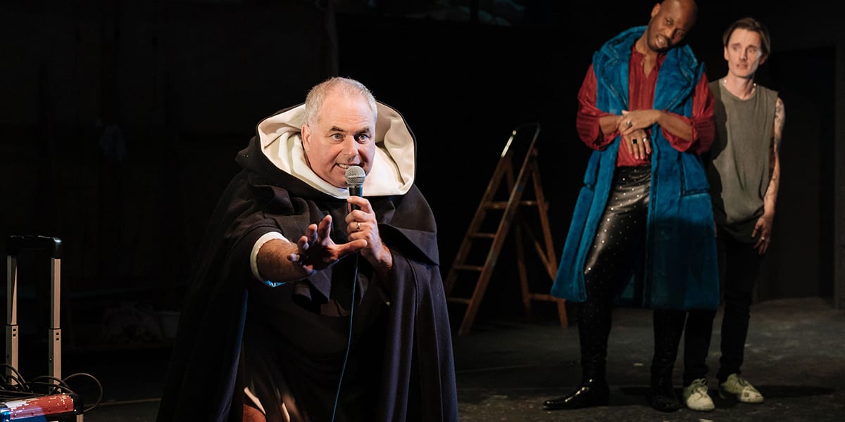 (L-R) Howard Ward as Girolamo Savonarola, Stefan Adegbola as Poggio di Chiusi & Dickie Beau as Sandro Botticelli. Photo by Manuel Harlan.