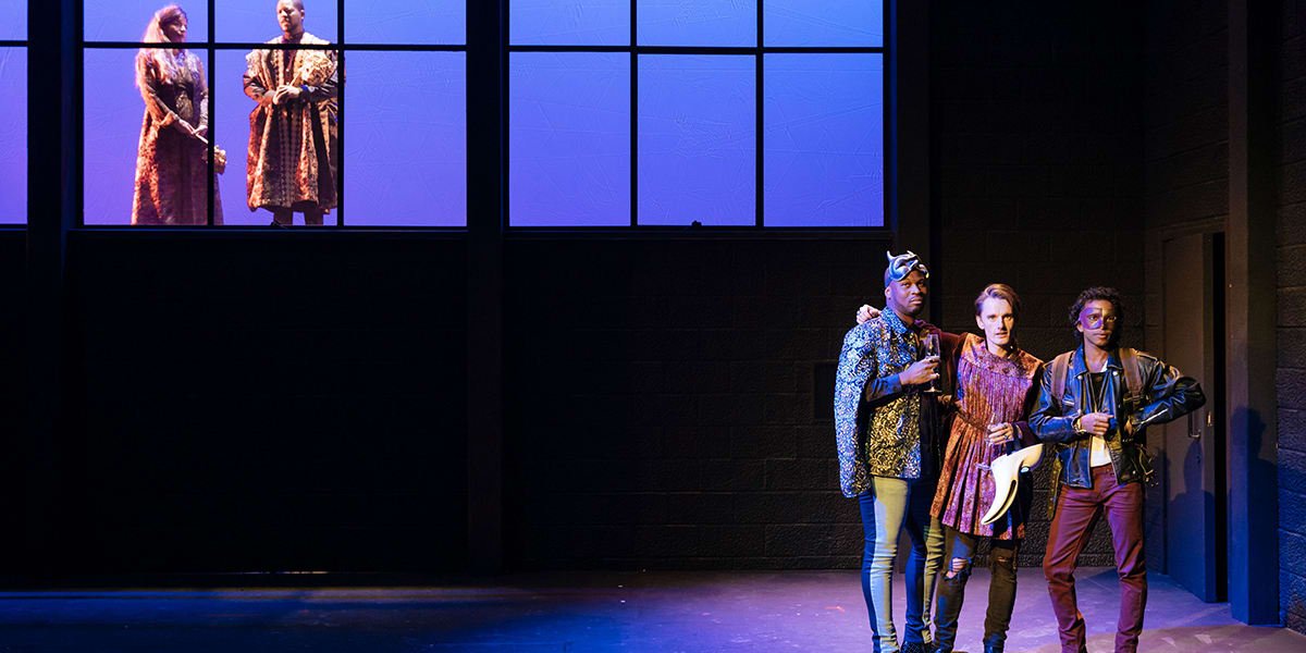 (L-R) Sirine Saba as Clarice Orsini, Adetomiwa Edun as Lorenzo, Stefan Adegbola as Poggio di Chiusi, Dickie Beau as Sandro Botticelli & Hiran Abeysekera as Leonardo da Vinci. Photo by Manuel Harlan.