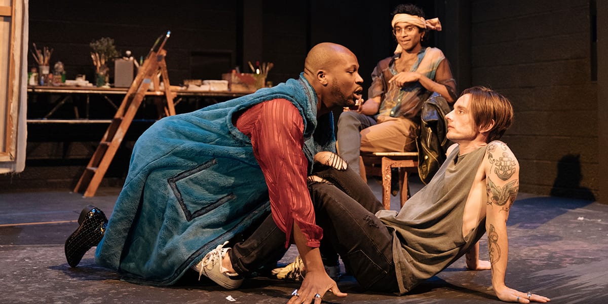 (L-R) Stefan Adegbola as Poggio di Chiusi, Hiran Abeysekera as Leonardo da Vinci & Dickie Beau as Sandro Botticelli. Photo by Manuel Harlan.