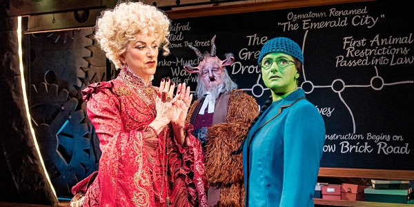 Kim Ismay as Mme Morrible, Simeon Truby as Dr Dillamond and Nikki Bentley as Elphaba. Photo by Matt Crockett