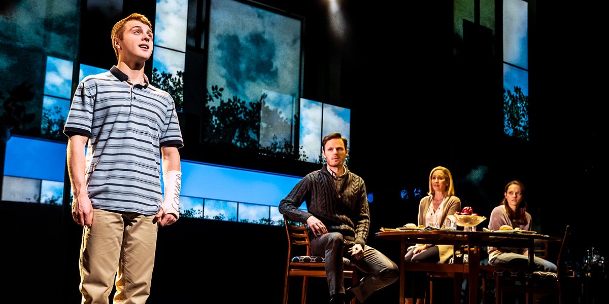 Sam Tutty, Rupert Young, Lauren Ward and Lucy Anderson in Dear Evan Hansen at the Noël Coward Theatre. Photo by Matthew Murphy.