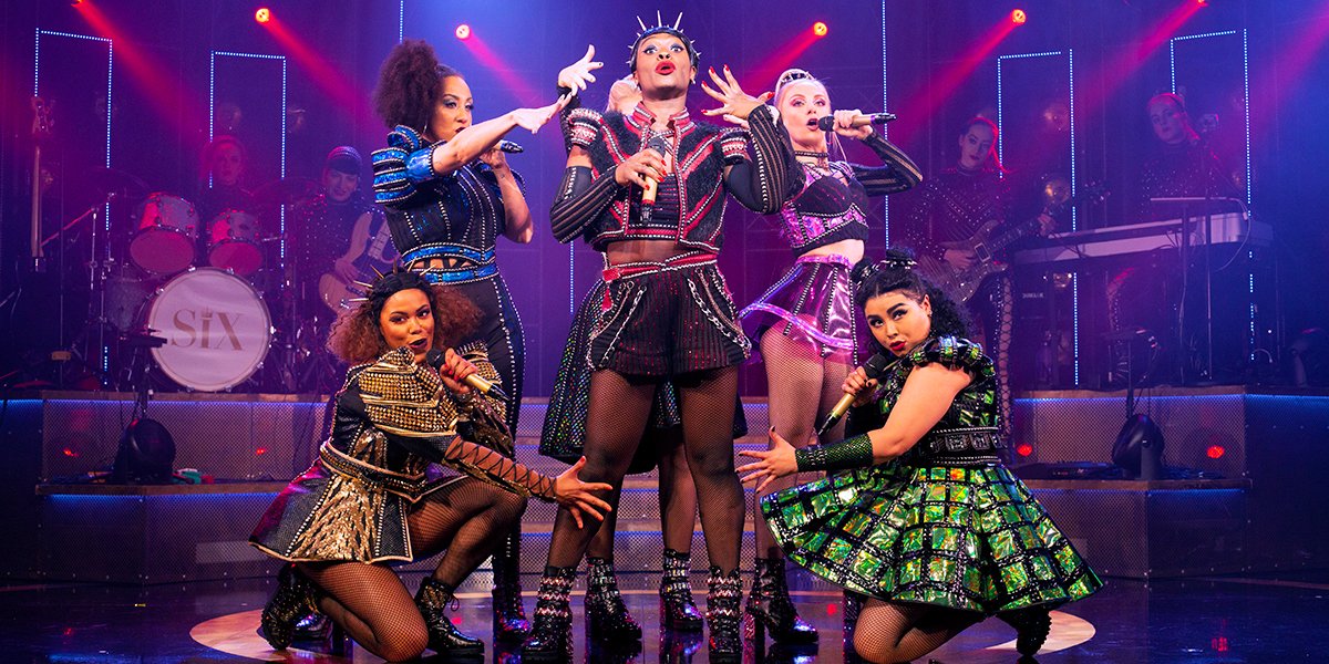 Jarneia Richard-Noel, Danielle Steers, Natalie Paris, Alexia McIntosh, Vicki Manser and Courtney Bowman in Six currently playing at the Arts Theatre (Photo: Eleanor Howarth)